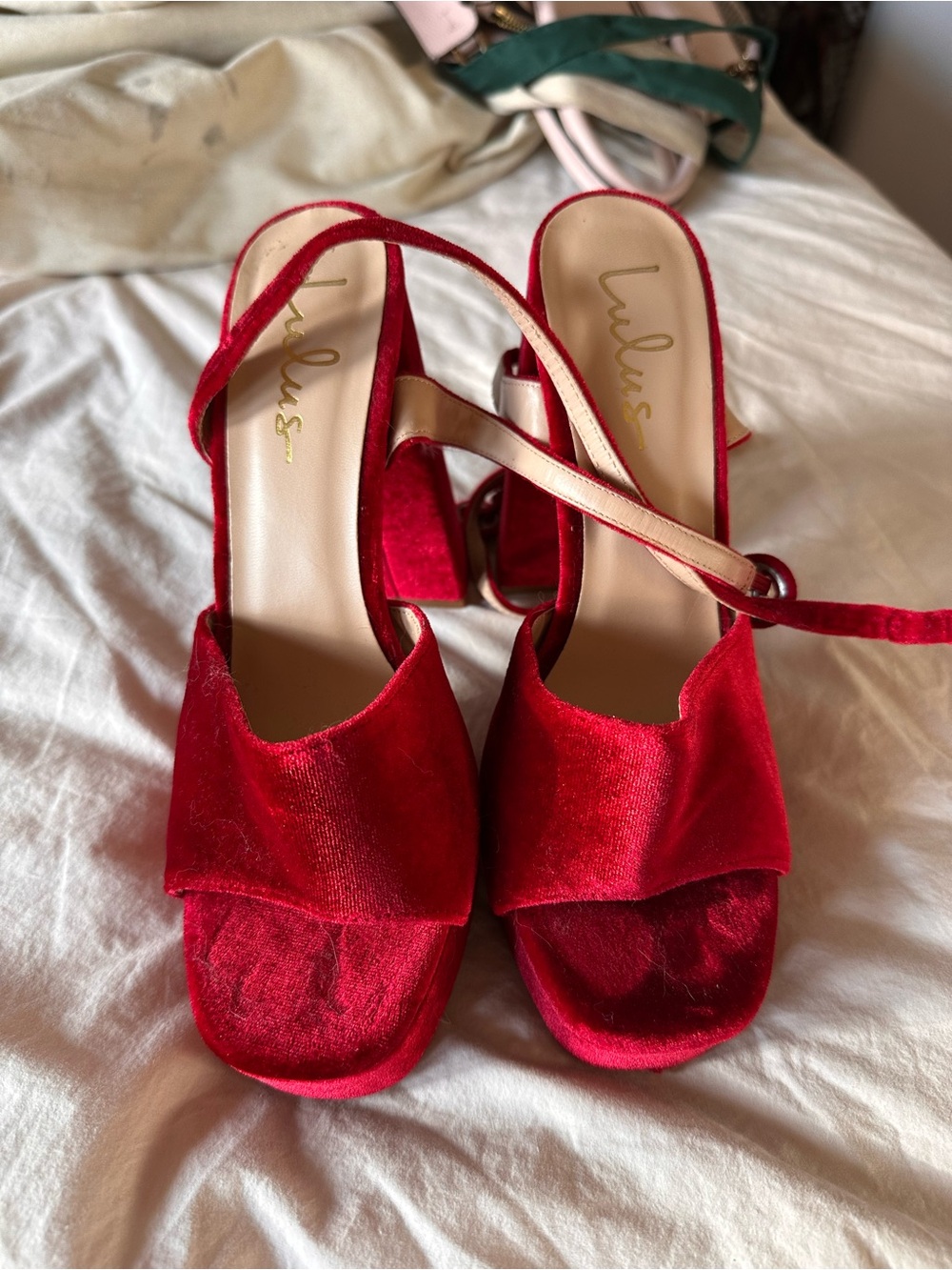 Lulu's Crimson Velvet Block Heel Sandals